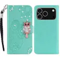 Mtp Products iPhone 17 Pro Max Ugle Rhinestone Lommebok-deksel med rhinestone - Cyan