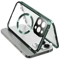 Mtp Products Dobbeltsidig herdet glass + magnetisk metallramme Anti-Drop Case for iPhone 15 Kompatibel med MagSafe Phone Cover med spennelås - grønn
