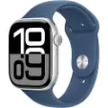Apple Watch Series 10 (GPS + Cellular) - 46 mm - sølvaluminium - smartklokke med sportsbånd - fluorelastomer - denim - båndbredde: M/L - 64 GB - LTE, Wi-Fi 4, UWB, Bluetooth - 4G - 35.3 g