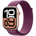 Apple Watch Series 10 (GPS) - 46 mm - rosegull aluminium - smartklokke med sportssløyfe - myk dobbeltlagsnylon - plomme - håndleddstørrelse: 130-200 mm - 64 GB - Wi-Fi 4, UWB, Bluetooth - 36.4 g