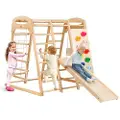 Vevor Innendørs klatrestativ, 7-i-1 innendørs lekeplass for småbarn, 109 x 120 x 119,5 cm, med tre- og taustige, nettstige, huske, apestang, sklie, klatrevegg, innendørs klatreleker i tre for barn