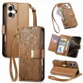 Mtp Products iPhone 17 lommebokveske med blomster- og bladmønster, glidelåslomme og håndleddsstropp - brun