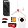 Vevor 12V 600W solcelledrevet vindkraftsett, 2 stk. 100W monokrystallinsk panel + 400W vindturbin og kontroller + 12,8V 100Ah LiFePO4-batteri + 1000W hybrid solcelleomformer for hjem, bobil, båt, camp