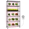 Vevor plantehylle med vekstlys, 6-etasjes stativ for innendørs planter, 180 cm høyt utstillingsstativ for innendørs planter med hjul og timer, 150 W 3800 K fullspektret vekstlys, metallpotteholder for
