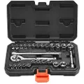 Vevor Pipenøkkelsett, 27 deler, 6,4 mm pipe- og skrallesett, SAE og metrisk, mekanisk verktøysett med skrallenøkkel, forlengelsesstang og oppbevaringsetui, CR-V legeringsstål, for bilreparasjon