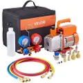 Vevor 115 l/min AC vakuumpumpe og målersett, ett-trinns, roterende lamell HVAC luftvakuumpumpe, A/C kjølemiddelmanifoldmålersett, med lekkasjedetektor, bæreveske, for R134a R22 R410a R1234YF kjølemidd