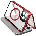 Mtp Products Dobbeltsidig herdet glass + magnetisk metallramme Anti-Drop Case for iPhone 15 Kompatibel med MagSafe telefondeksel med spennelås - rød