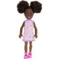 Barbie Chelsea Doll - Purple Floral Dress with Space Buns & Brown Eyes