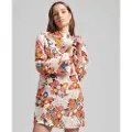 Superdry for woman. W8011410A Long sleeve white printed mini dress (S), Casual, Viscose