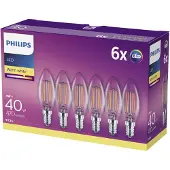 Philips - LED-filamentlyspære - form: B35 - klar finish - E14 - 4 W (ekvivalent 40 W) - klasse F - varmt hvitt lys - 2700 K (en pakke 6)