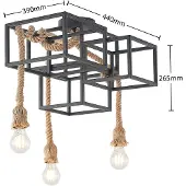 LUCANDE taklampe Andrik, 44 cm, 3 lyskilder, hampetau, metall