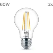Philips LED-lyspære Classic 7W/827 (60W) clear 2-pack E27