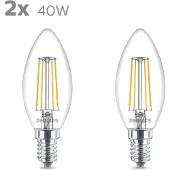 Philips LED-lyspære Classic Candle 4.3W/827 (40W) Clear 2-pack E14