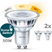 Philips SceneSwitch - LED-pære for søkelys - GU10 - 1.5/3.5/4.8 W (ekvivalent 50 W) - klasse F - varmhvitt/flammelys - 2200/2500/2700 K (en pakke 2)