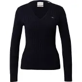 Gant for woman. 4800101 V-neck V-neck knitted jumper in navy stretch cotton, knitted in eights (M), Casual, Long sleeve