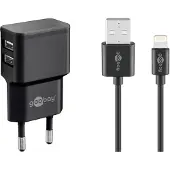 Goobay - Strømadapter - 12 watt - 2.4 A - 2 utgangskontakter (USB) - på kabel: Lightning - svart - Europa