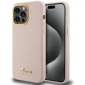 GUESS Silikon Script Metal Logo & Frame-etui for iPhone 15 Pro - rosa