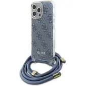 GUESS Crossbody Cord 4G-etui med trykk og nøkkelbånd til iPhone 16 Pro - blå