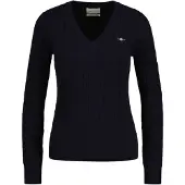 Gant for woman. 4800101 V-neck V-neck knitted jumper in navy stretch cotton, knitted in eights (L), Casual, Long sleeve
