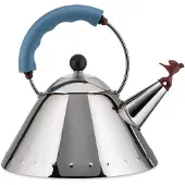 Alessi vannkoker i blått rustfritt stål med håndtak og fugleformet fløyte (9093)