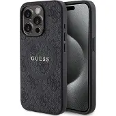 GUESS 4G Collection MagSafe-etui i lær med metallogo for iPhone 15 Pro - svart