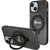 GUESS Ring Stand Script Glitter MagSafe-etui for iPhone 15 Plus / 14 Plus - Svart