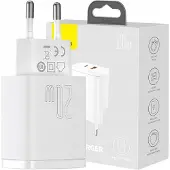 Baseus Compact Vegglader 20W - USB-C PD3.0, USB QC3.0 - Hvit