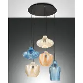 FABAS LUCE Hengelampe Olbia, Ø 50 cm, 5 lyskilder, rav/blå/beige, glass