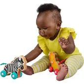 Fisher-Price Wooden Push Along Animals, lekebiler formet som løve og sebra til babyer som krabber og leker, 0,5 år, Tre, Flerfarget