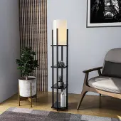 Opviq Gulvlampe 8111 svart, hylle, stoffskjerm hvit