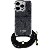 GUESS Crossbody Cord 4G-etui med trykk og nøkkelbånd for iPhone 16 Pro - svart