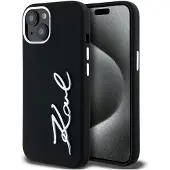 Karl Lagerfeld -etui i silikon med metallskriftlogo iPhone 15 - svart