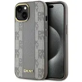 DKNY MagSafe iPhone 15 Plus-etui i skinn med rutete ensfarget mønster - Beige