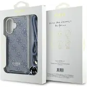 GUESS Crossbody Cord 4G-etui med trykk og nøkkelbånd til iPhone 16 - Blå