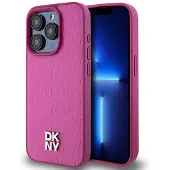 DKNY MagSafe-etui i lær med monogrammønster og metalllogo for iPhone 15 Pro - Rosa