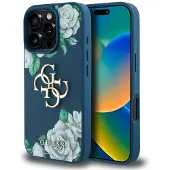 GUESS Grained Roses Big 4G-logoetui for iPhone 16 Pro - blå