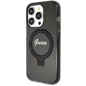 GUESS Ring Stand Script Glitter MagSafe-etui for iPhone 13 Pro Max - svart