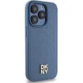 DKNY MagSafe-etui i lær med monogrammønster og metalllogo for iPhone 15 Pro - Blå