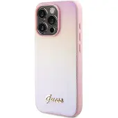GUESS Saffiano Iridescent Script-etui for iPhone 14 Pro - rosa
