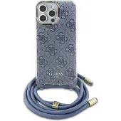 GUESS Crossbody Cord 4G-etui med trykk for iPhone 16 Pro Max - blå