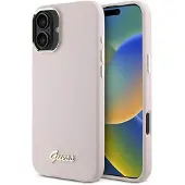 GUESS Silikon Skrift metallogo og ramme iPhone 16-etui - rosa