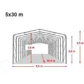 TOOLPORT 5x30 m telthall, PVC-presenning, grå, med statikk (jordunderlag)