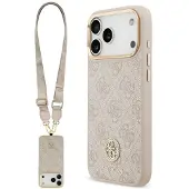 GUESS 4G Strass-logo og MagSafe-etui med bred rem og metallknapper til iPhone 17 Pro Max – rosa