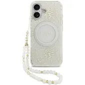 GUESS iPhone 17 IML Flowers Allover Electro-deksel med perlearmbånd - MagSafe-kompatibel - Hvit