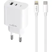 MaXlife USB-lader PD QC 20W med USB og USB-C + lynkabel