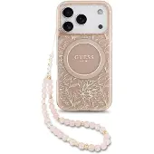 GUESS iPhone 17 Pro IML Flowers Allover Electro-deksel med perlearmbånd - MagSafe-kompatibel - Rosa