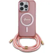GUESS Crossbody Cord Script MagSafe-etui for iPhone 16 Pro Max - Rosa