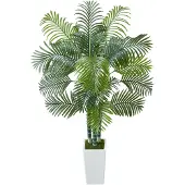 Vevor Kunstig Areca-palmetre 1829 mm, Kunstig palme tropiske planter med hvit høy plantekasse, Kunstig silkeplante i potte, Store trær for hjemmekontor, stue, innendørs og utendørs