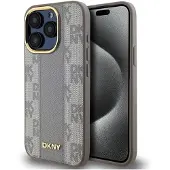 DKNY MagSafe iPhone 15 Pro Max-etui i skinn med rutete ensfarget mønster - Beige