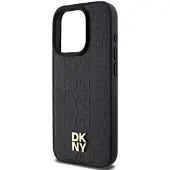 DKNY MagSafe-etui i lær med monogrammønster og metalllogo for iPhone 15 Pro - Svart